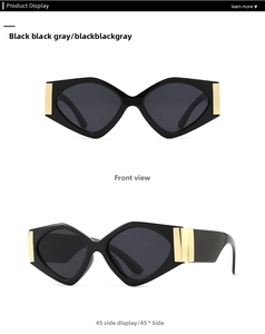 Front and 45-degree side view of geometric black sunglasses with gold metal accents
