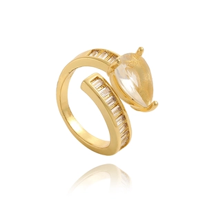 Vintage gold adjustable open ring with pear-shaped cubic zirconia and baguette stones