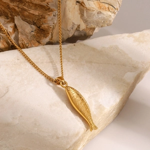 Polished gold stainless steel necklace featuring a detailed fish scale texture pendant