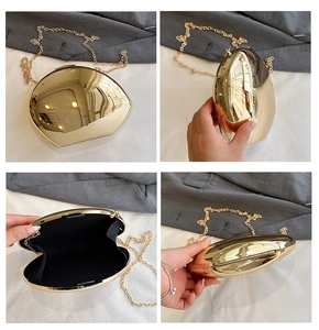 Detailed four-way view of a gold metallic shell evening clutch with chain strap