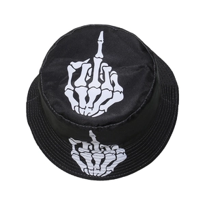 Hip hop black bucket hat featuring a white skeleton hand gesture print for summer street style