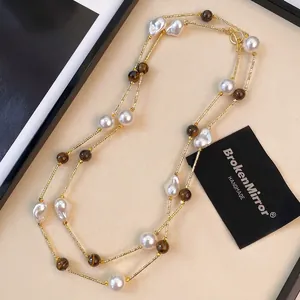 Elegant tiger eye and baroque pearl sweater necklace with gold chain for women
