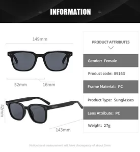 Detailed dimension chart for PC retro sunglasses showing width, bridge, and temple length