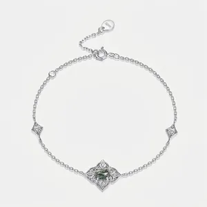Bracciale In Agata Muschio Vintage Cavo Floreale Ovale Pietra Verde Argento Sterling 925 Gioielli Regolabili Per Donne