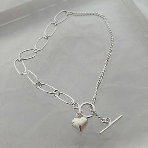 Minimalist 925 sterling silver heart anklet with asymmetric chain and OT toggle clasp