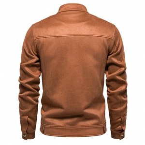 Detail view of the back of a men's brown suede jacket showing fine fabric texture and seams