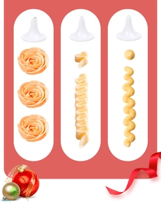 Detailed set of three white plastic piping nozzles for creating various cream flower patterns