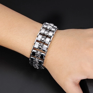 Punk style silver skull relief wide bracelet in stainless steel for men's fashion
