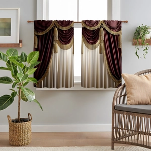 Detailed view of kitchen curtains with burgundy and beige fabric and golden tassels