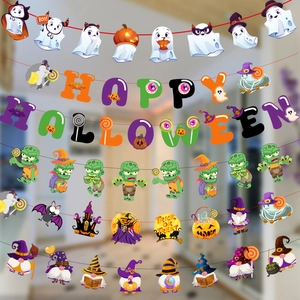 Halloween banner set featuring Happy Halloween letters and cartoon ghost ornaments