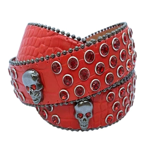 Red crocodile pattern leather belt with skull ornaments and sparkling red rhinestones