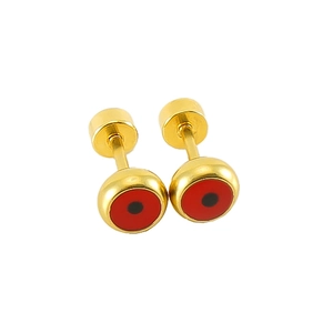 Detail of round gold-plated stud earrings featuring a red and black evil eye motif