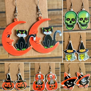 Halloween Dangle Earrings Acrylic Skull Pumpkin Black Cat Moon Witch Festive Party Retro Vintage Jewelry For Women