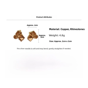 Detail view of 2cm square gold-plated clip earrings with brown crystals and silver needles