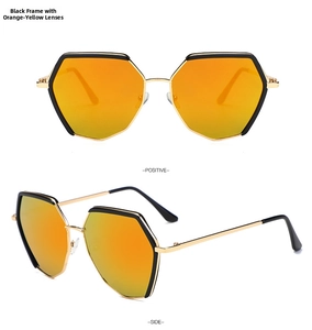 Vue de face et de côté de lunettes de soleil hexagonales avec monture noir or et verres orange