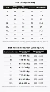 Tabla de tallas detallada para pantalones casuales con medidas de largo, cintura y cadera