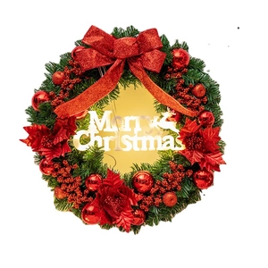 50cm Christmas wreath with red bows, berries, flowers and golden Merry Christmas sign
