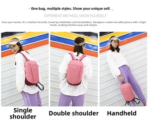 Pink sports backpack with multiple carrying ways shown in different model perspectives