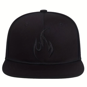 Detailed view of the flame embroidery texture on a black hip hop flat brim baseball cap