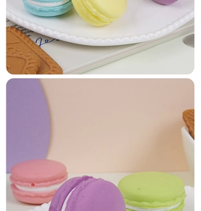 Detaillierte Nahaufnahme bunter PU-Macaron-Modelle mit realistischer Textur und Creme