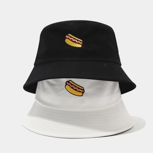 Classic cotton bucket hats in black and white with vibrant hot dog embroidery design