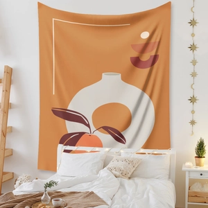 Bohemian tapestry featuring orange fruit and white vase art in a modern cozy bedroom