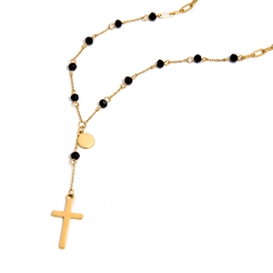 18K gold plated stainless steel Y-necklace with black glass beads and cross pendant