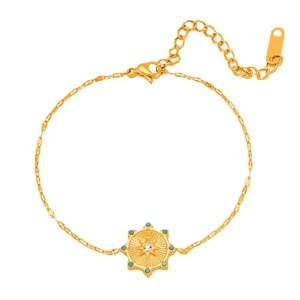 14K gold plated stainless steel bracelet with sunburst pendant and turquoise beads