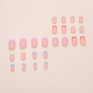 Colorful Macaron French tip press on nails in squoval shape with pink base