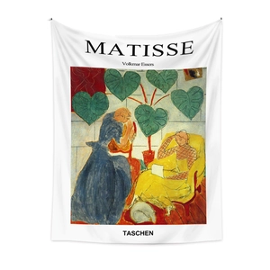 Detailed close-up of a white bohemian tapestry with artistic Matisse expressionist print