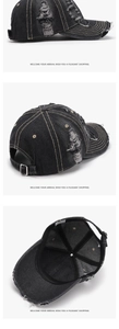 Detail of distressed washed denim baseball cap featuring retro rips and metal buckle