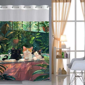Detail of double-layer shower curtain featuring three cute cats in a tropical bathtub