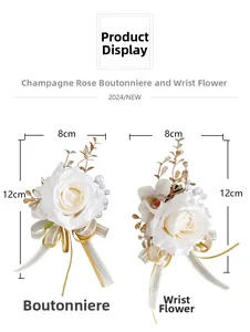 Vista dettagliata della bottoniera e del corsage da polso rosa champagne con perle