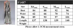 Detailed size chart for halter sequin tassel gown with measurements from XS to L