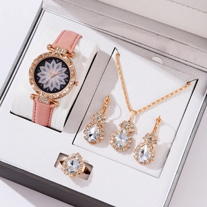 5-piece pink leather watch set with rose gold floral dial and teardrop zircon jewelry box