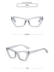 Detailed front and side views of transparent gray cat-eye eyeglass frames in color C5