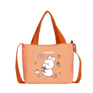 Orange toddler crossbody bag featuring cute cartoon rabbit and milk tea graphic print