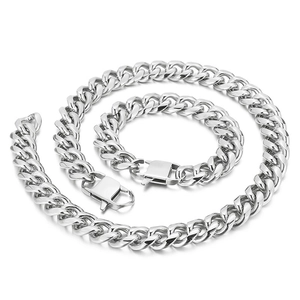 Polished silver stainless steel Cuban link chain necklace and bracelet set for men