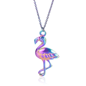 Detail of rainbow-plated stainless steel flamingo pendant with 18k vacuum plating