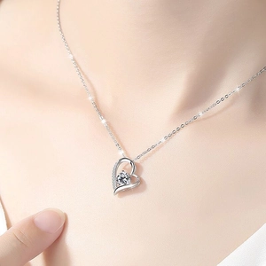 S925 sterling silver heart necklace with zircon pendant worn on neck