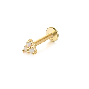 Macro shot of gold S925 silver flat back earring featuring three round white opals