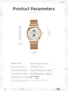Detailed size chart for rose gold quartz watch with mesh strap showing 39mm dial diameter