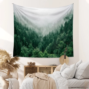 Bohemian forest landscape tapestry for wall hanging in a minimalist bedroom decor