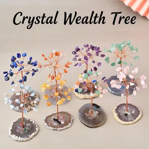 Mini Crystal Money Tree Handmade Copper Wire Wrapped Natural Gemstone Agate Slice Base Desktop Decor Feng Shui Luck Ornament