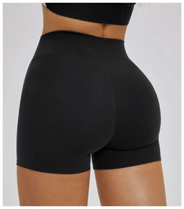 Detail of high-waisted black ribbed yoga shorts showing V-shaped back seam for butt lifting