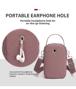 Nylon crossbody phone bag featuring a side headphone jack for easy music access