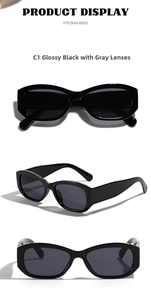 Multiple views of vintage oversized square sunglasses with black frames and grey lenses
