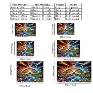 Size chart for Tree of Life wall tapestry in various dimensions for home dorm decor