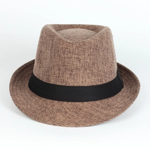 Close-up of brown woven linen fedora hat featuring a classic black fabric decorative band