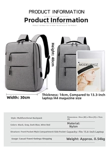 Detailed size specifications of gray nylon backpack showing dimensions for 15.6 inch laptop